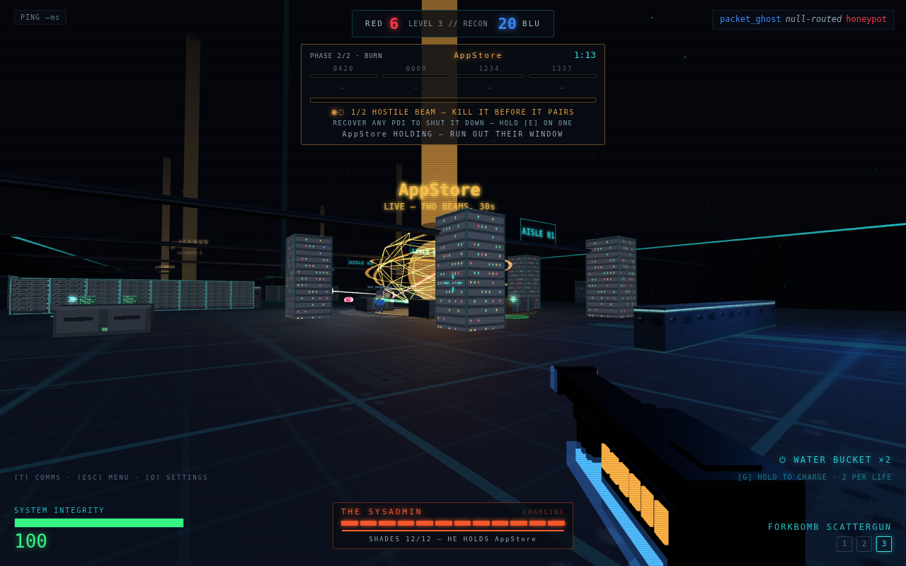 First-person view inside BREACH PROTOCOL's data-centre arena during the final burn: server racks under neon aisle signs, the AppStore core wrapped in a gold two-operator beam, an objective tracker showing all four PDIs taken with 1:13 left on red's clock, THE SYSADMIN's charge bar reading "SHADES 12/12 — HE HOLDS AppStore" at the bottom, and a voxel forkbomb scattergun in the player's hands.